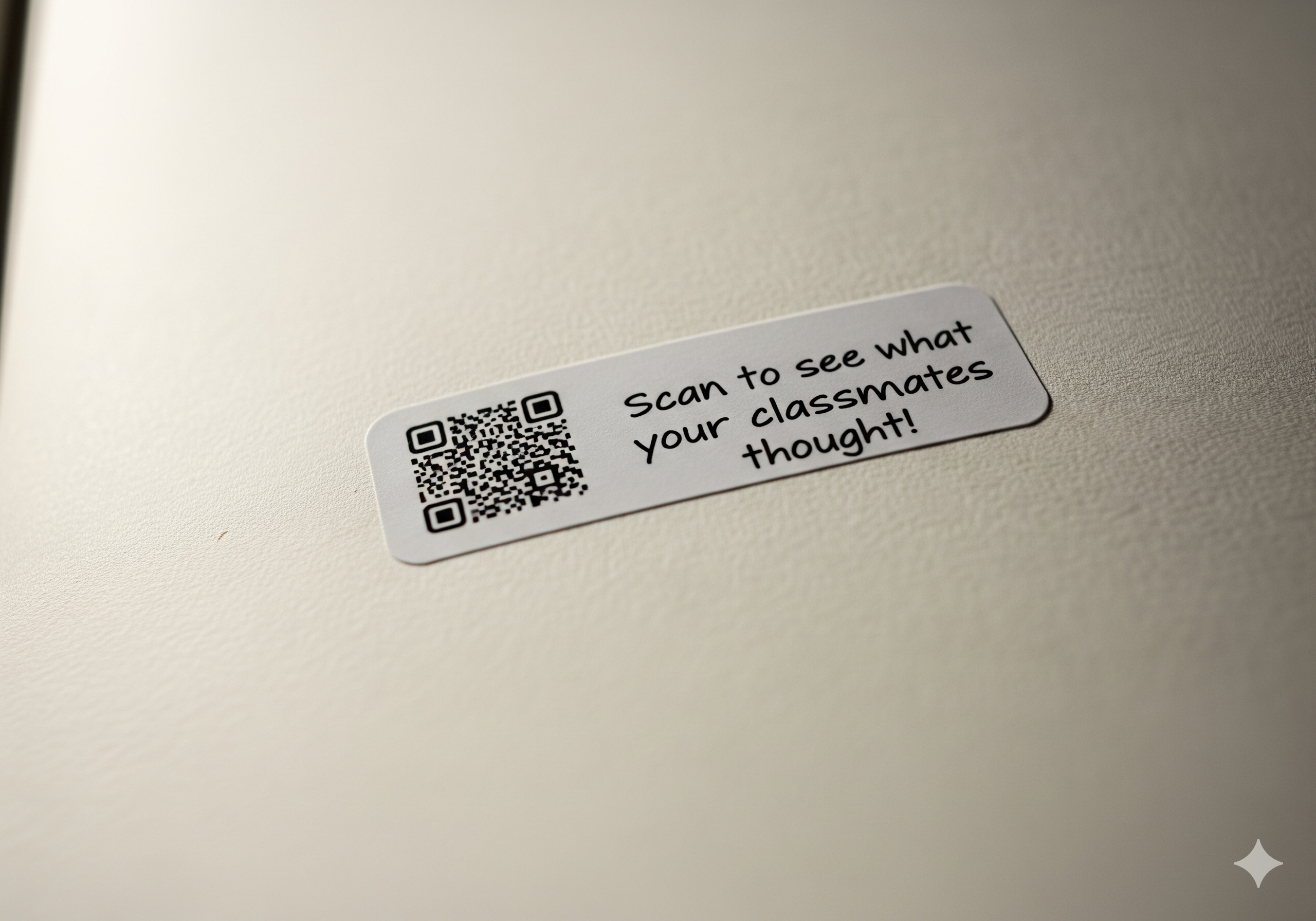 A QR code sticker taped inside the cover of a library book, with a small note that says 'Scan to see what your classmates thought!'.
