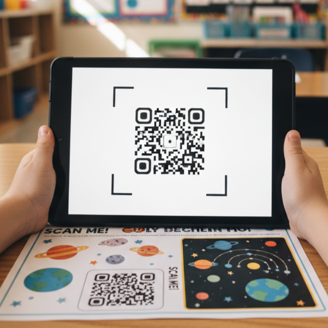 A teacher pointing to a QR code on a worksheet while a student scans it with a tablet in a bright, friendly classroom.