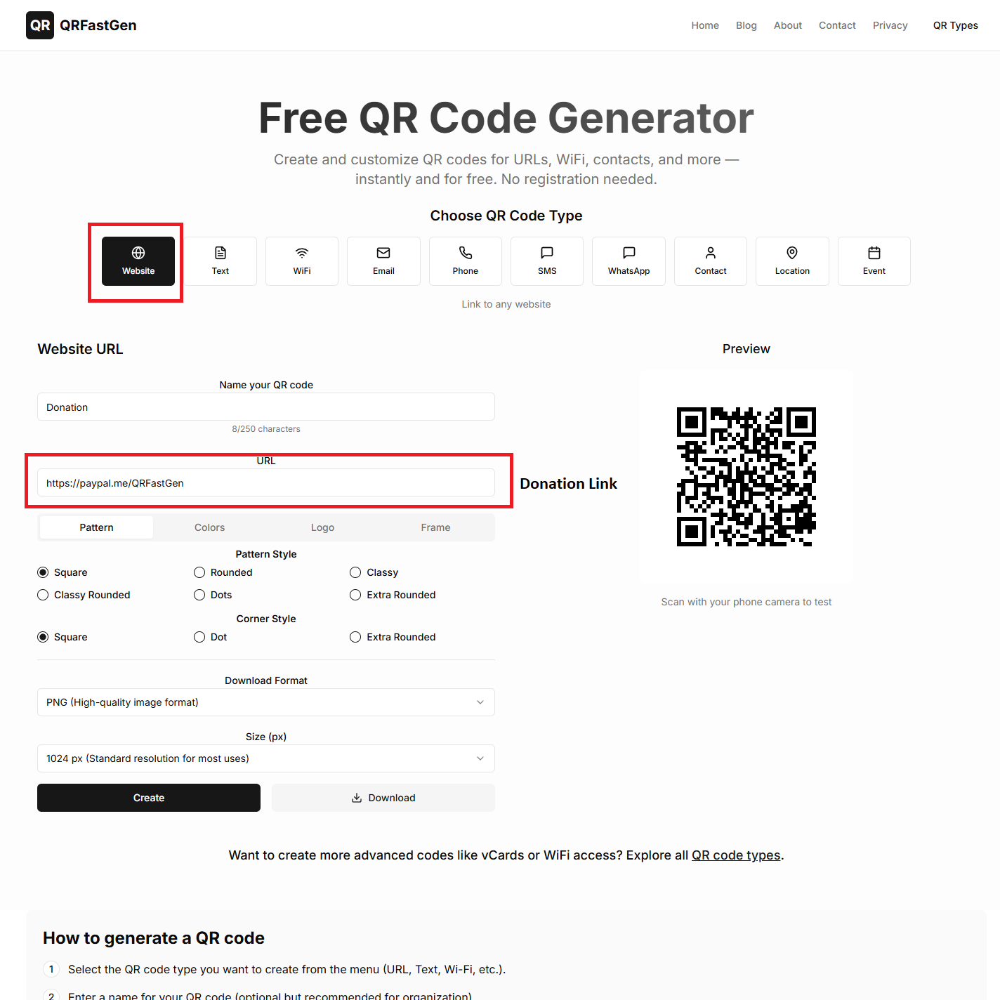 A screenshot of the QRFastGen URL generator with a sample PayPal.me link pasted into the input field.