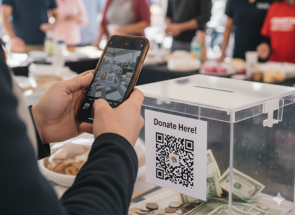 A person holding a smartphone, scanning a QR code on a donation box at a charity event.
