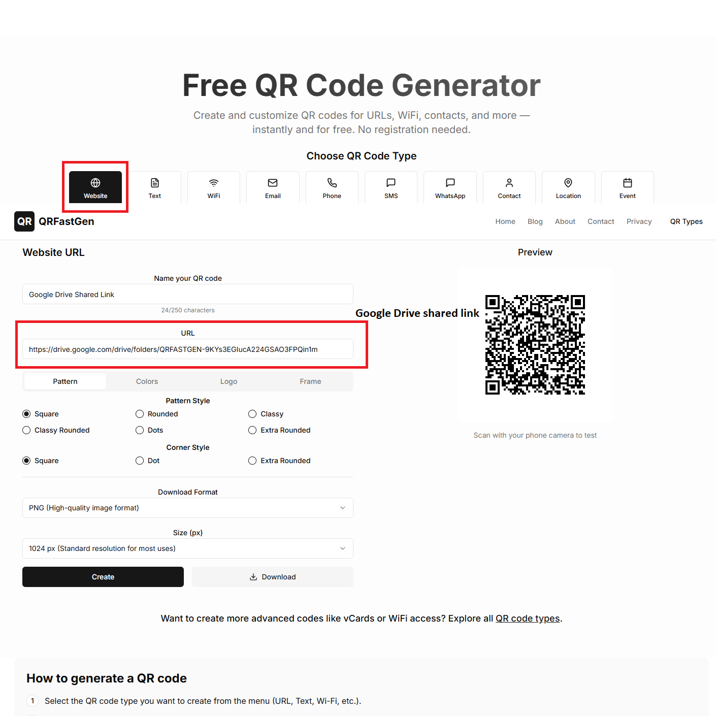 A screenshot of the QRFastGen URL generator with a long Google Drive share link pasted into the input field.