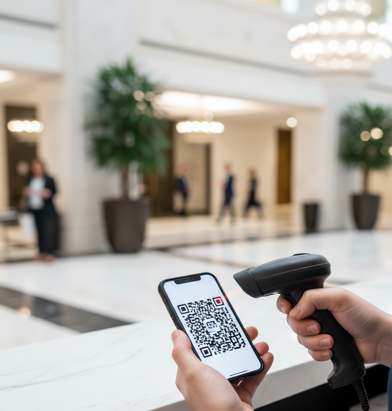 A person at a conference registration desk scanning a QR code on their phone for a quick check-in.