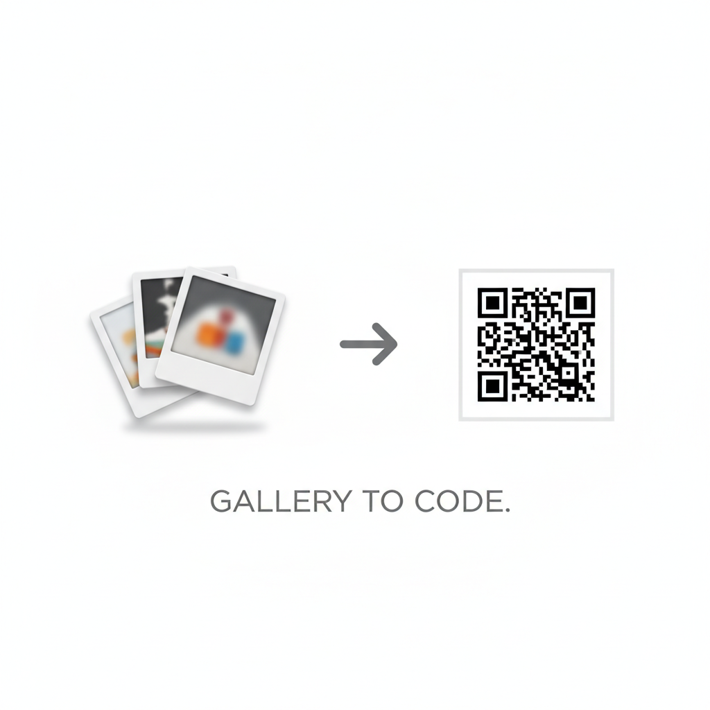 A graphic showing a stack of photo icons transforming into a single QR code, symbolizing the consolidation of many images.
