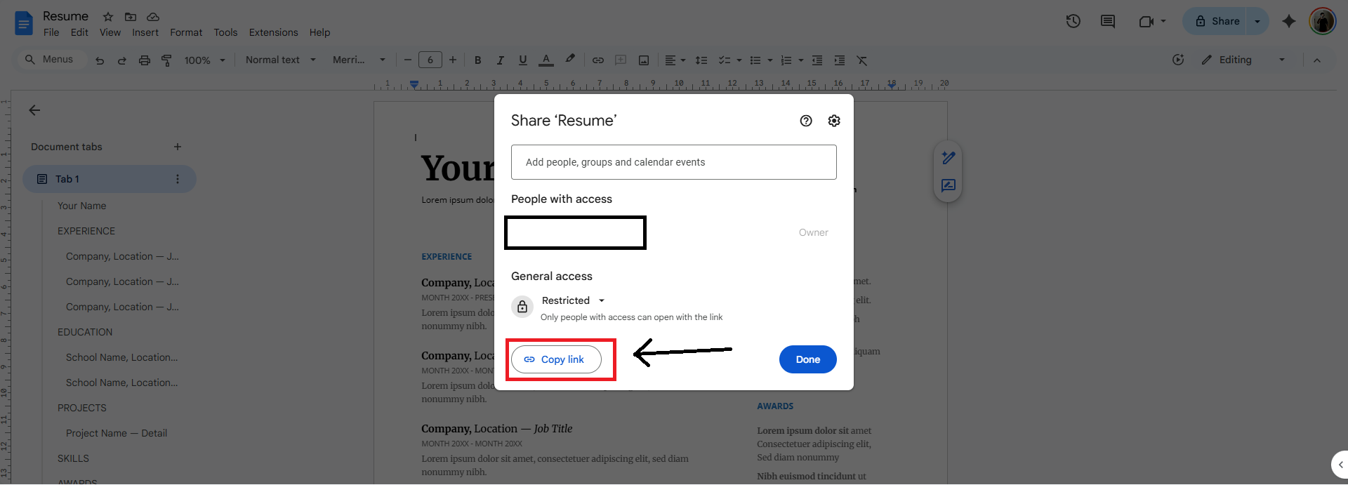 A screenshot showing the 'Share' dialog in Google Docs, with an arrow pointing to the 'Anyone with the link' setting.