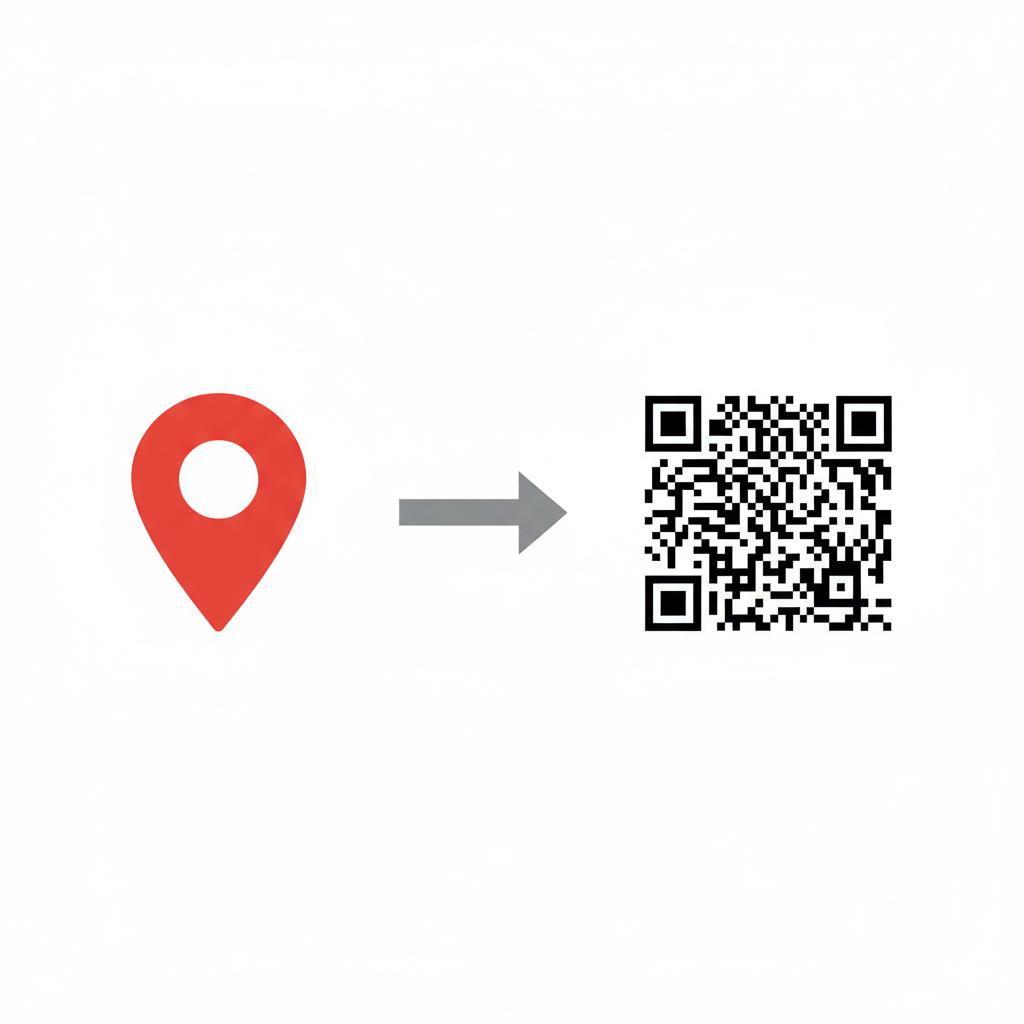A graphic showing a Google Maps pin icon transforming into a QR code, symbolizing the process of linking a location.
