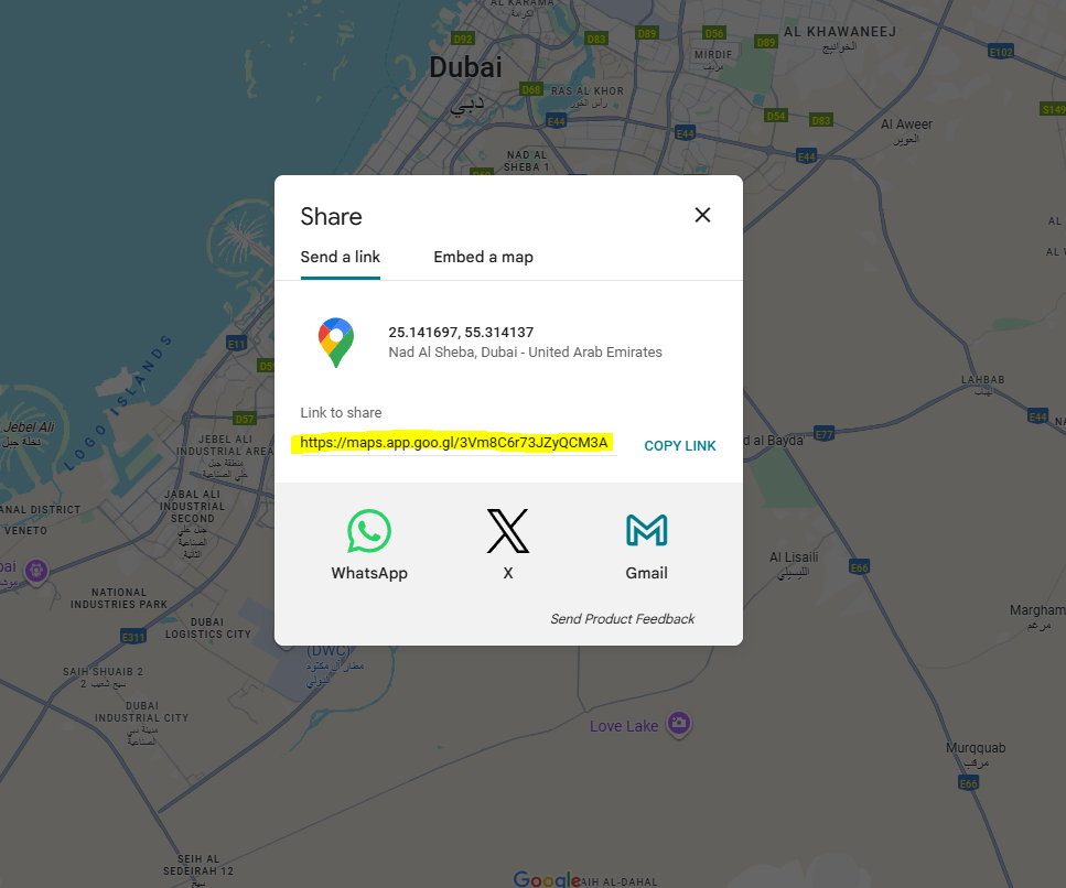 A screenshot of the Google Maps interface with an arrow pointing to the 'Share' button for a selected location.