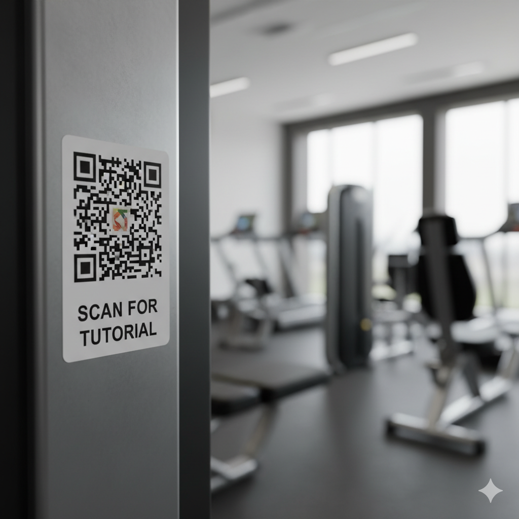 A person at the gym scanning a QR code placed on a weight machine. The QR code is next to a label that says 'Scan for Tutorial'.