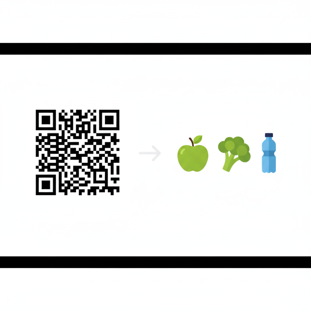 A graphic showing a QR code that, when scanned, reveals icons for an apple, a broccoli, and a water bottle, symbolizing nutrition.