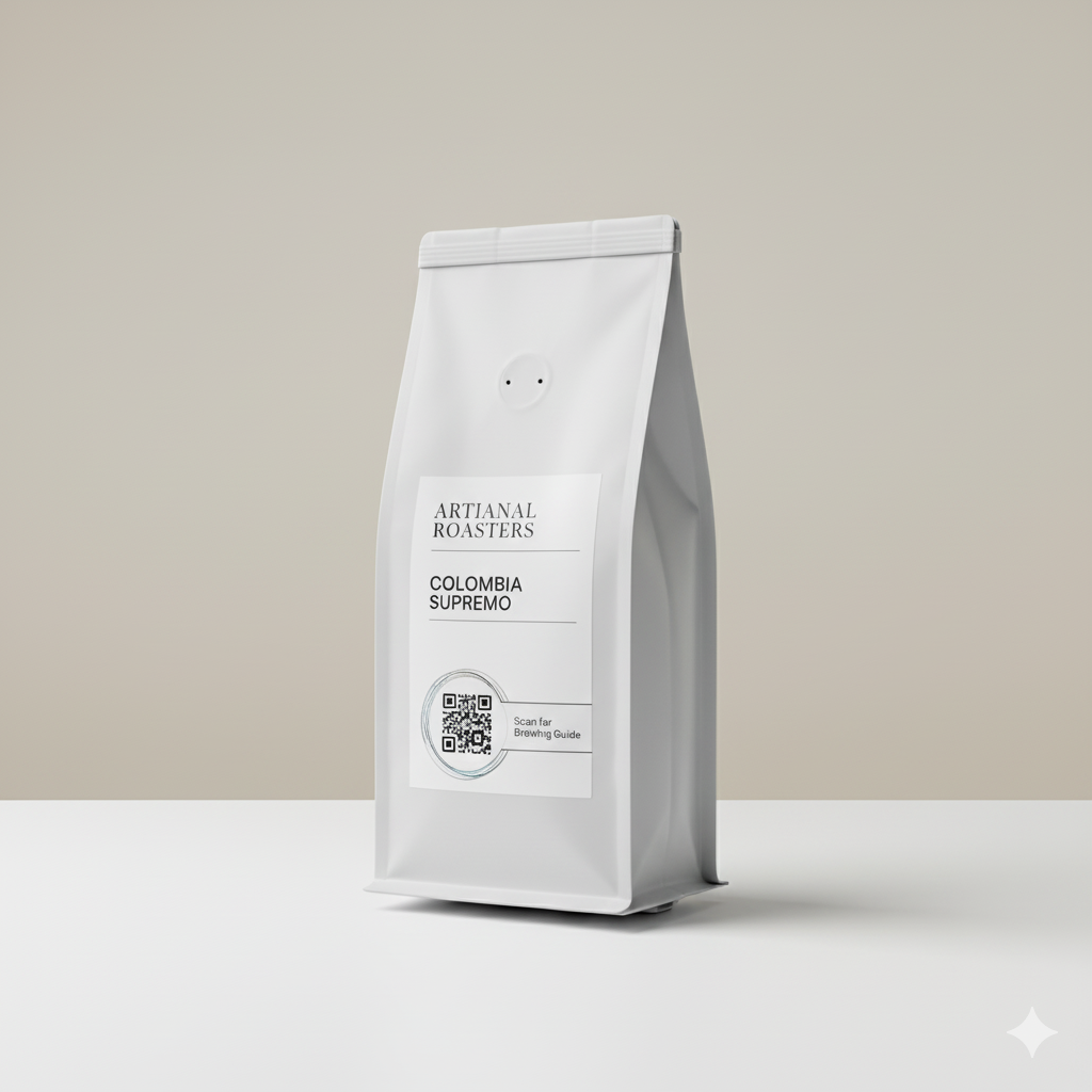 A photo of a coffee bag with a well-integrated QR code on its label.