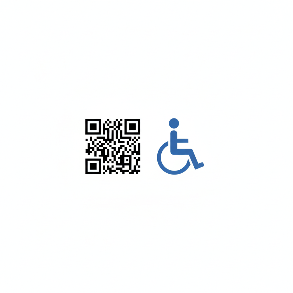 A graphic showing a QR code next to the universal accessibility icon (a stylized figure in a wheelchair), symbolizing technology that is usable by all.