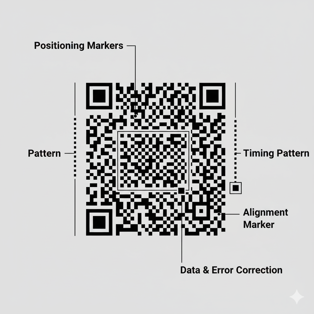A large, detailed QR code with its key components (positioning markers, timing pattern, data) highlighted with labels and callouts.