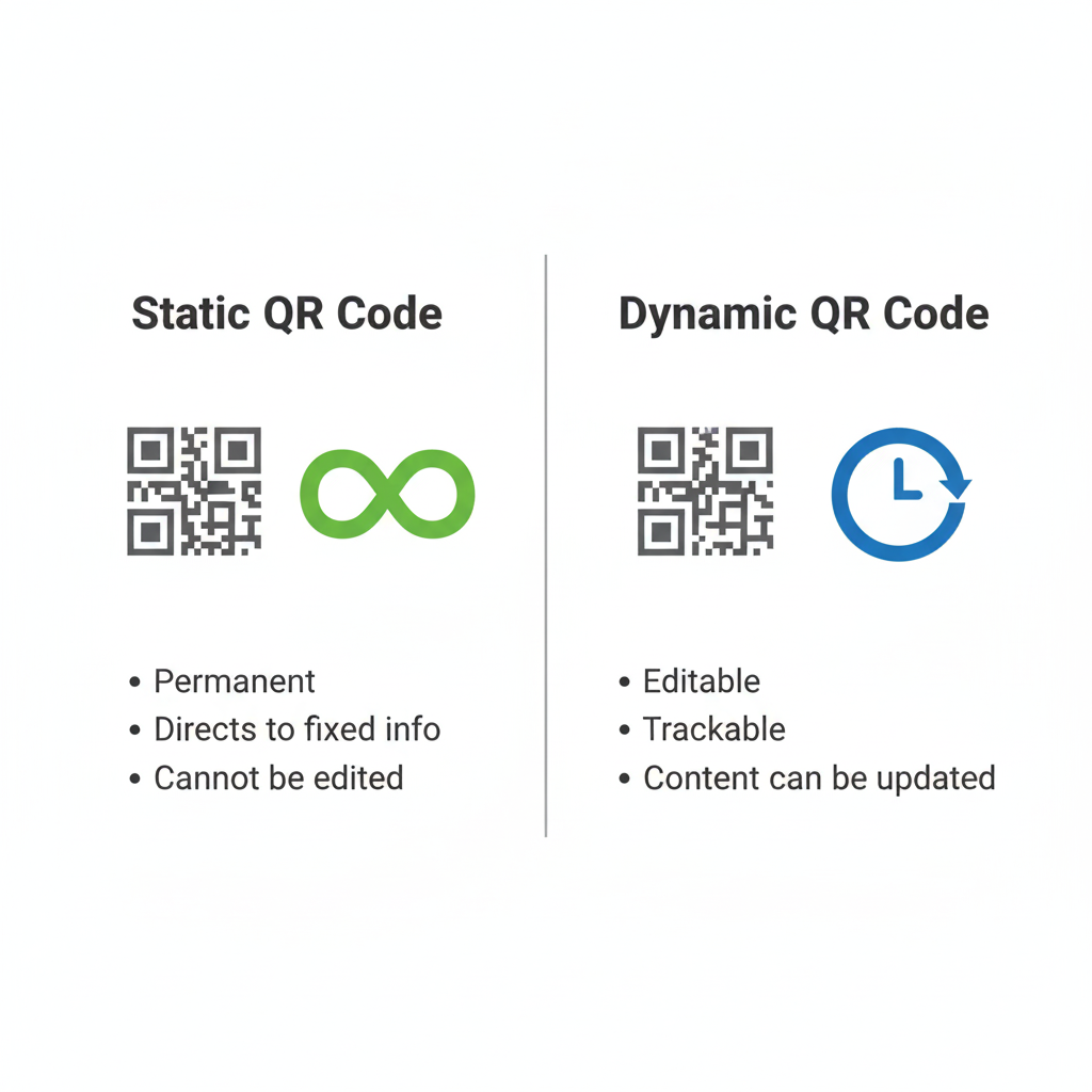 A graphic showing a static QR code with an infinity symbol and a dynamic QR code with a clock icon.