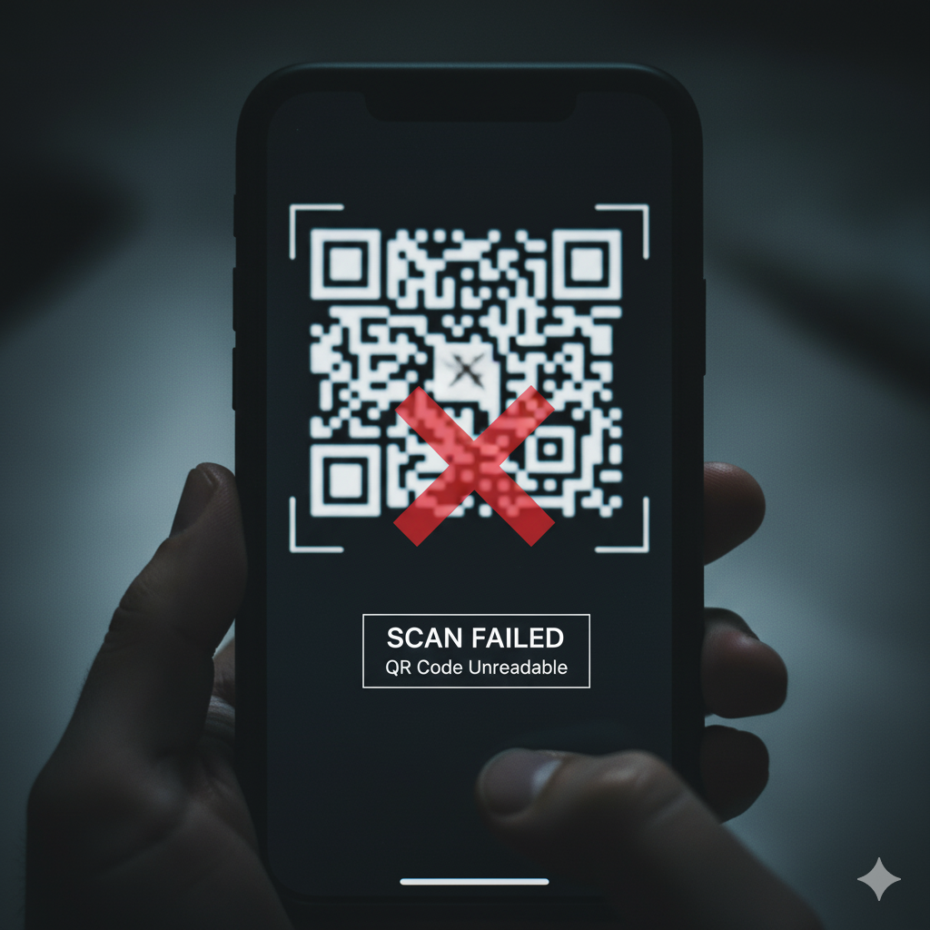 A graphic showing a person looking frustrated at their phone, with a broken or poorly designed QR code nearby.