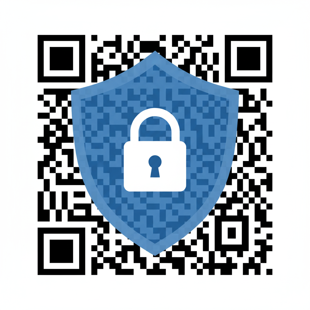 A graphic showing a QR code protected by a shield icon, symbolizing data privacy and security.