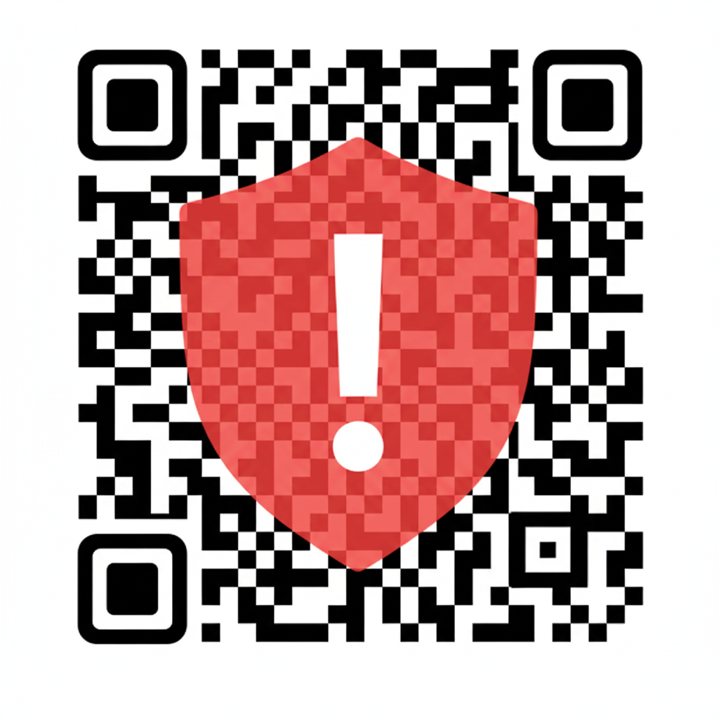 A graphic showing a QR code with a red warning shield over it, symbolizing danger and the need for caution.