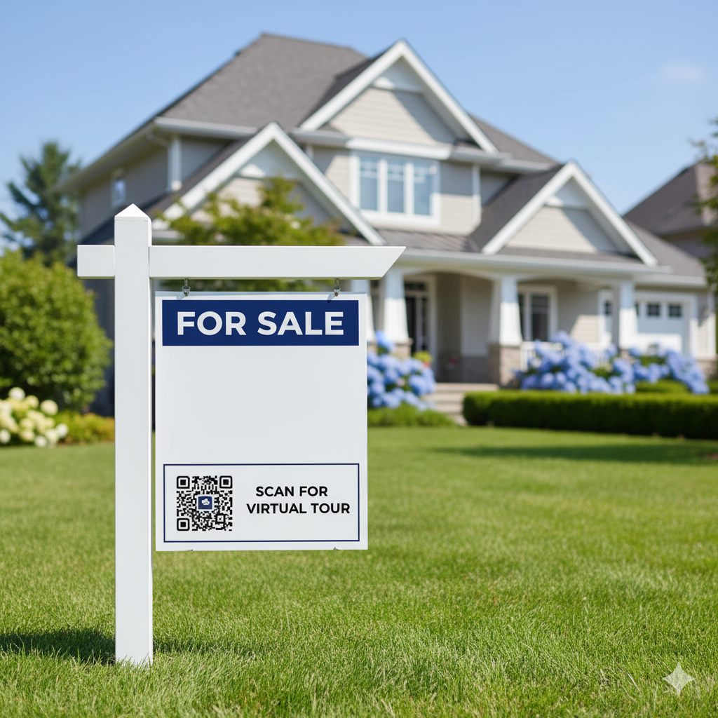 A modern 'For Sale' sign in front of a house, with a large, prominent QR code section that says 'Scan for Virtual Tour'.