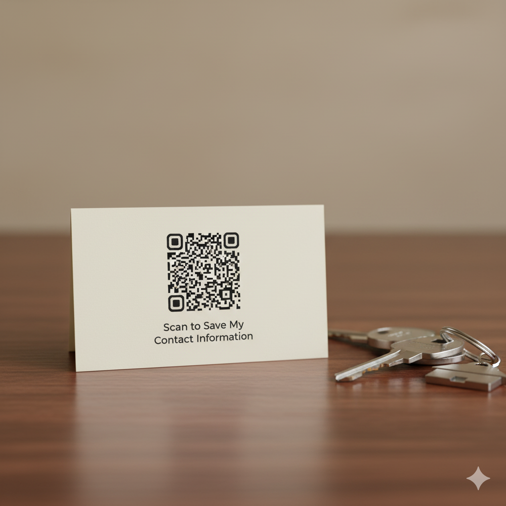 A real estate agent's business card with a headshot on one side and a large vCard QR code on the back that says 'Scan to Save My Contact Info'.