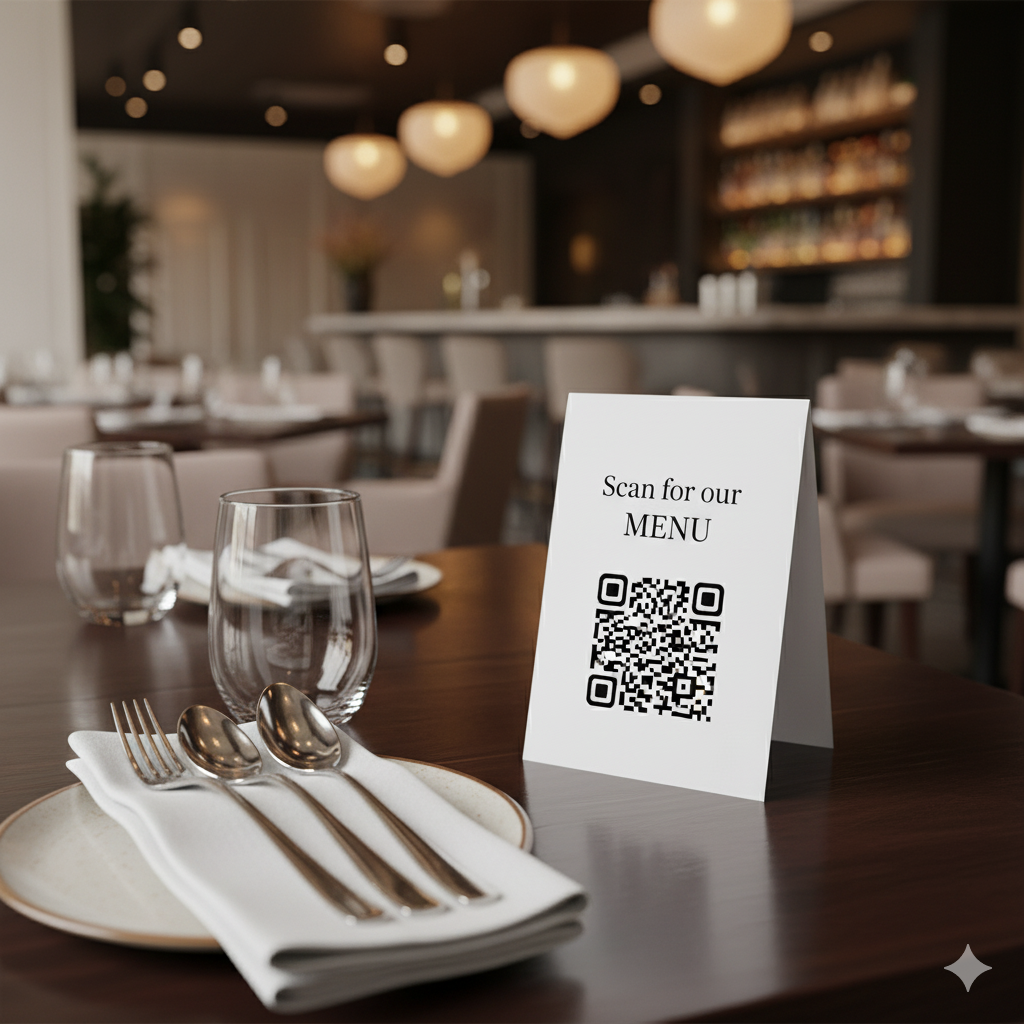 A clean, elegant table tent on a restaurant table with the text 'Scan for Menu' and a QR code.