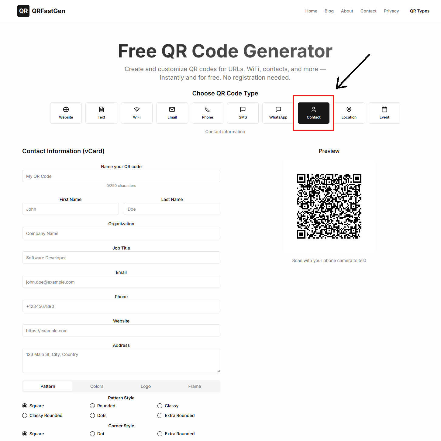 A screenshot of the qrfastgen.com website with an arrow pointing to the vCard tab.