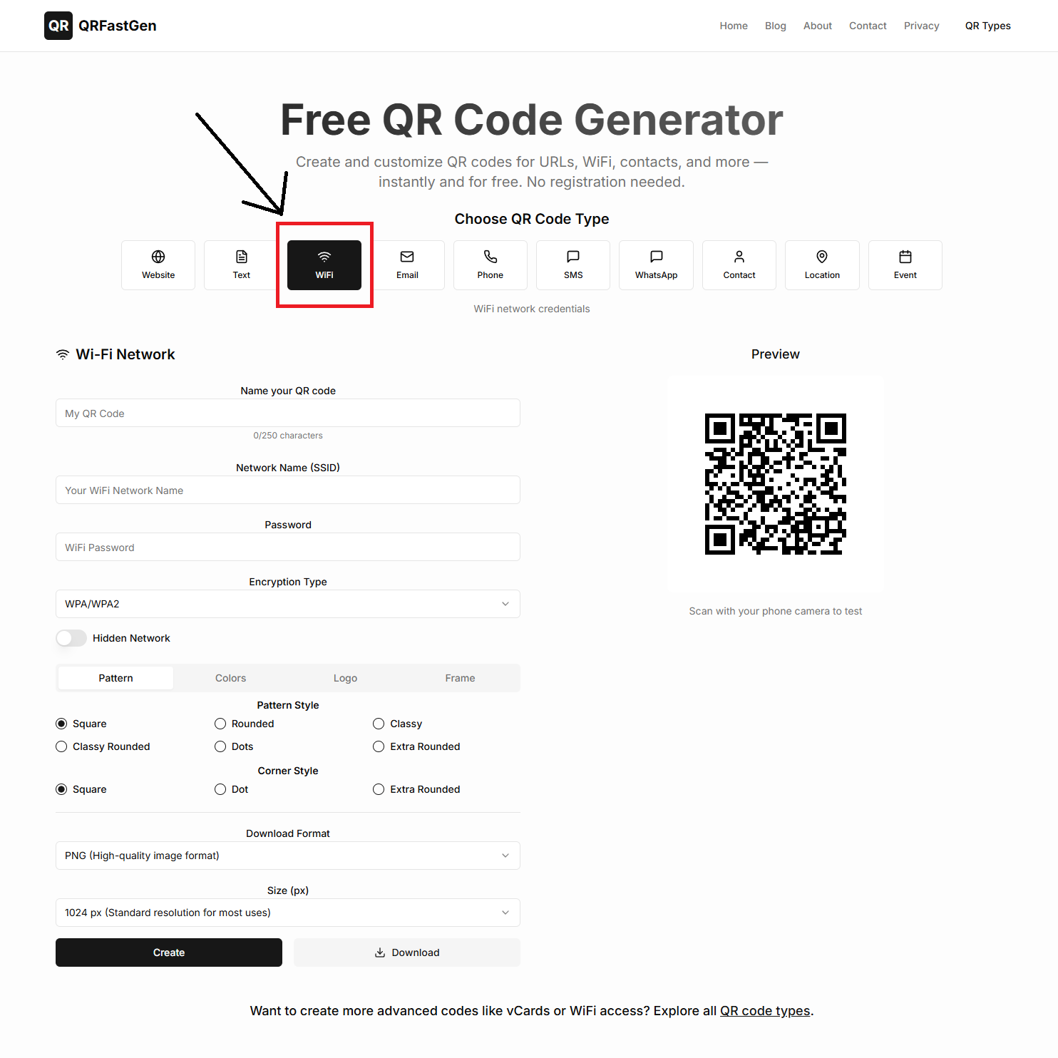 A screenshot of qrfastgen.com with an arrow pointing to the WiFi tab.