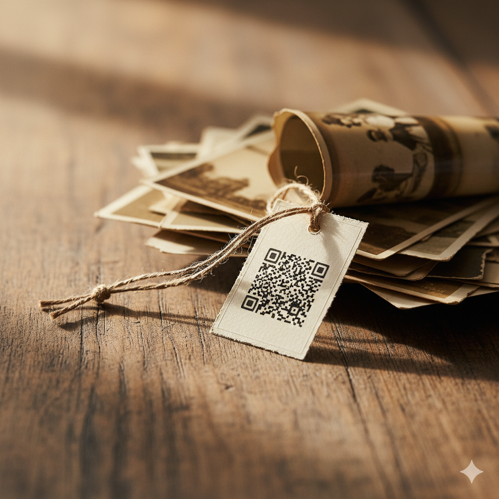 A close-up of a QR code tag attached to an old, vintage-style photograph or locket.