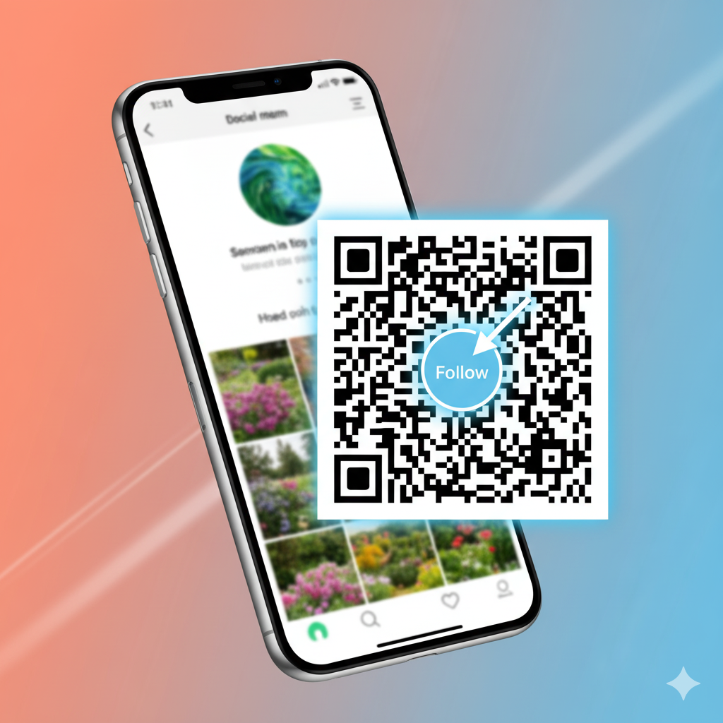 A phone screen displaying an Instagram profile, with a QR code graphic overlaid, symbolizing the link between the two.