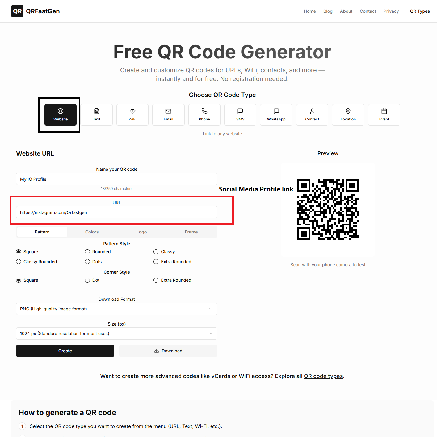 A screenshot of the QRFastGen URL generator with an Instagram profile URL pasted into the input field.