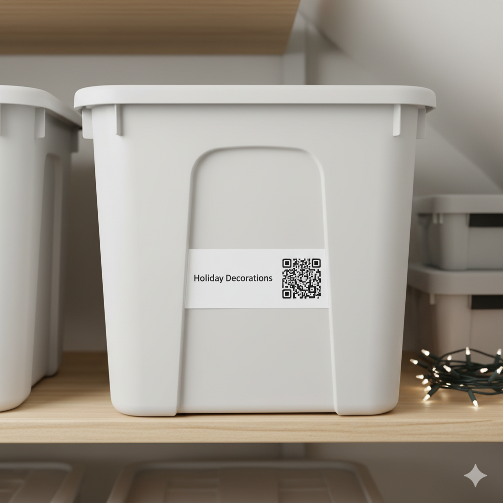 A neatly labeled storage bin in a clean attic. On the label, there is a clear QR code next to the word 'Holiday Decorations'.