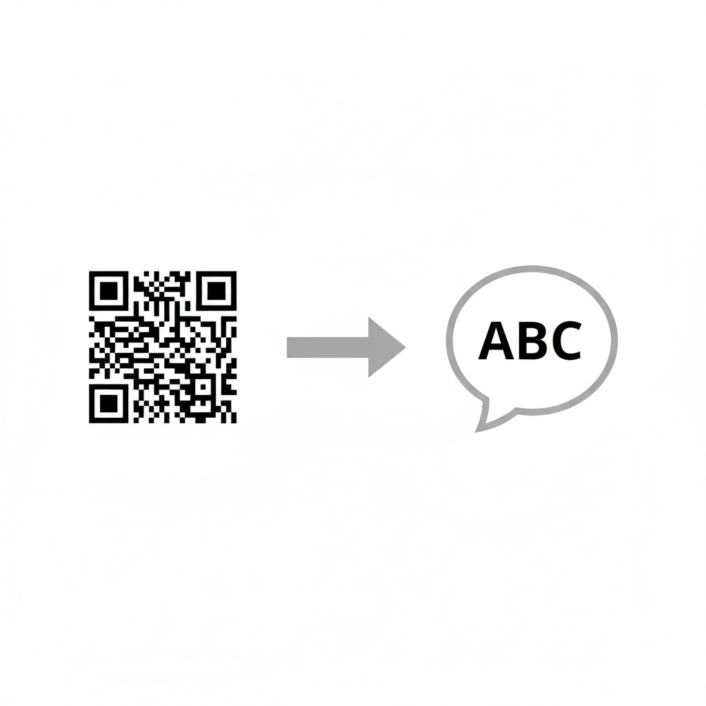 A graphic showing a QR code on one side and a simple text bubble icon on the other, connected by an arrow.