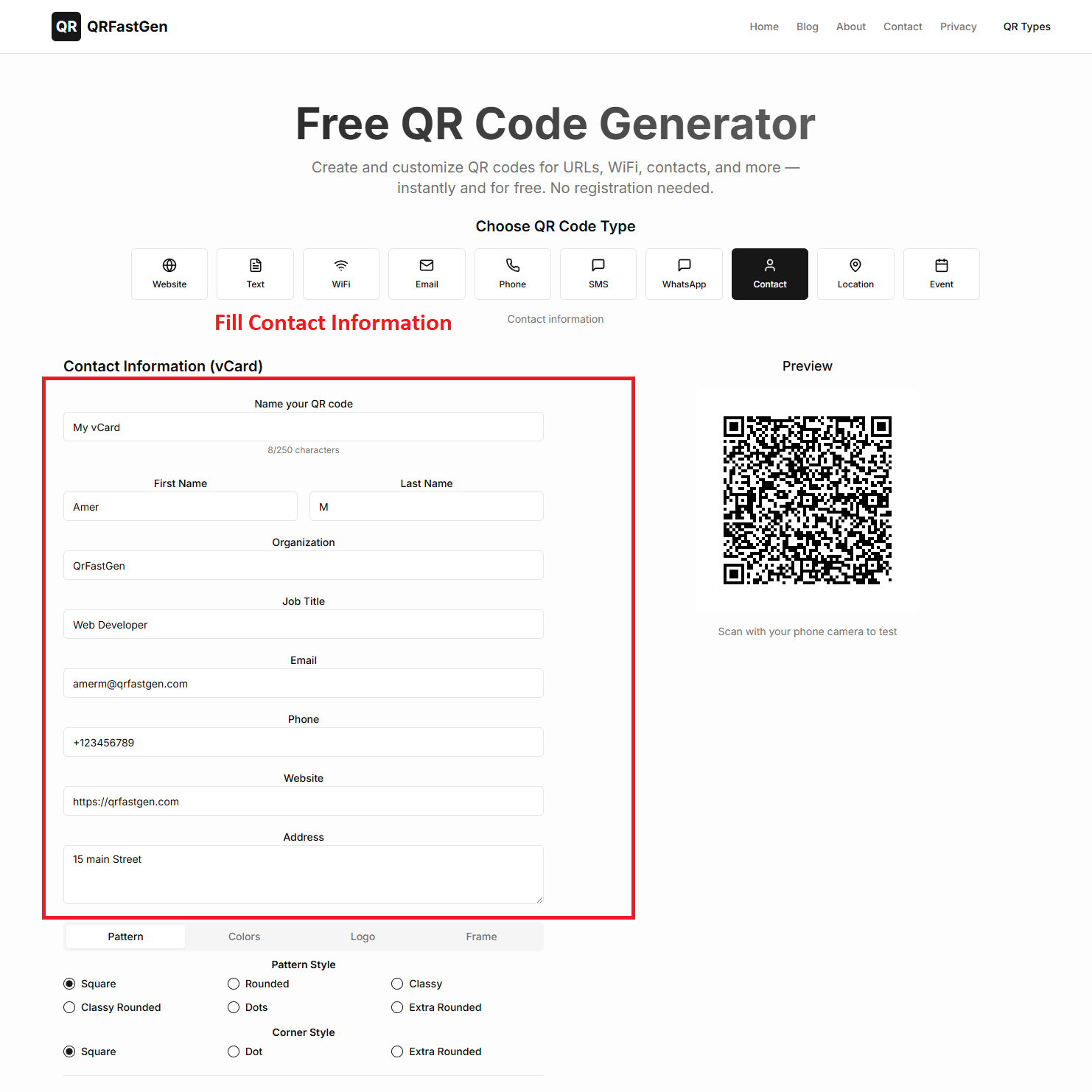 A screenshot of the vCard form on qrfastgen.com being filled out with example information.