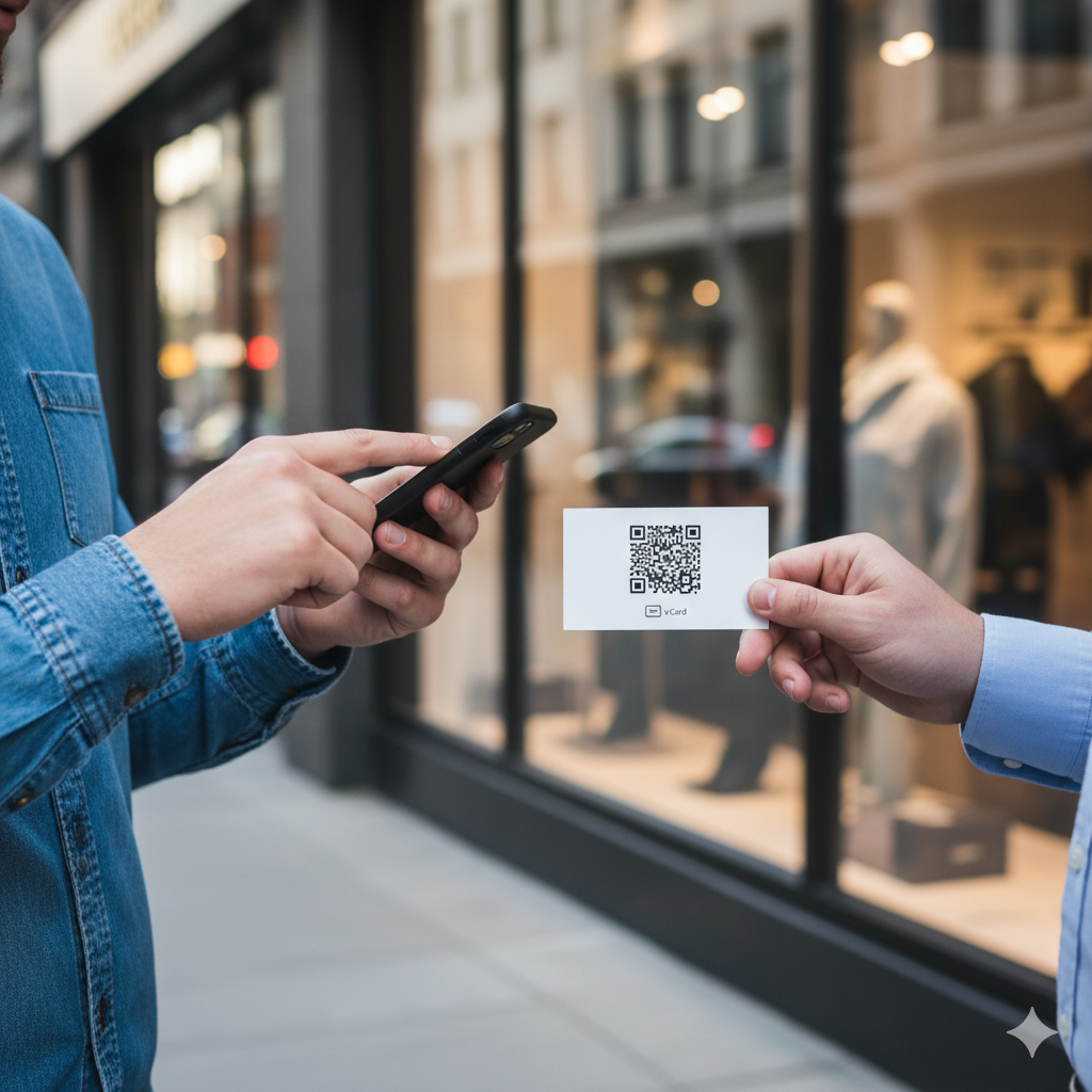 A person showing a QR code on their phone to another person who is scanning it.