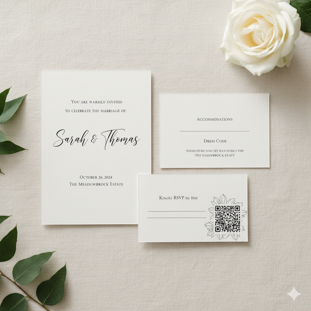 A beautiful flat-lay photo of a wedding invitation with a small, elegant QR code in the corner.