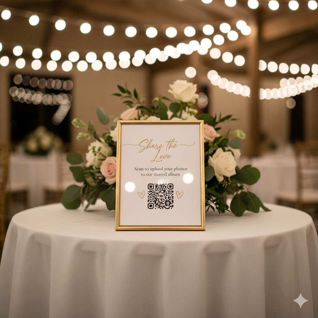 A small, elegant sign on a reception table that says 'Share the Love! Scan to add your photos to our wedding album' with a QR code below it.