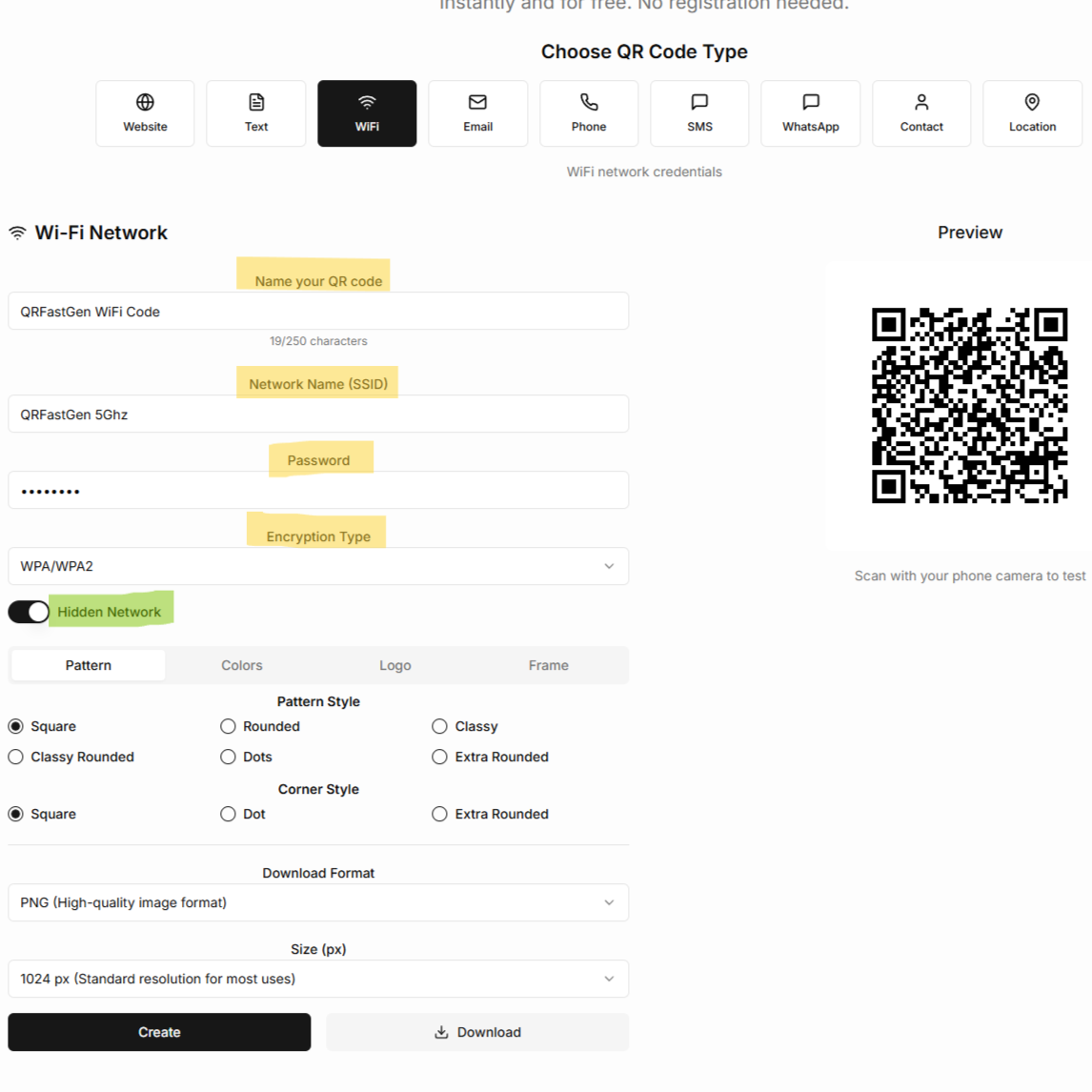 A screenshot of the WiFi form on qrfastgen.com being filled out.